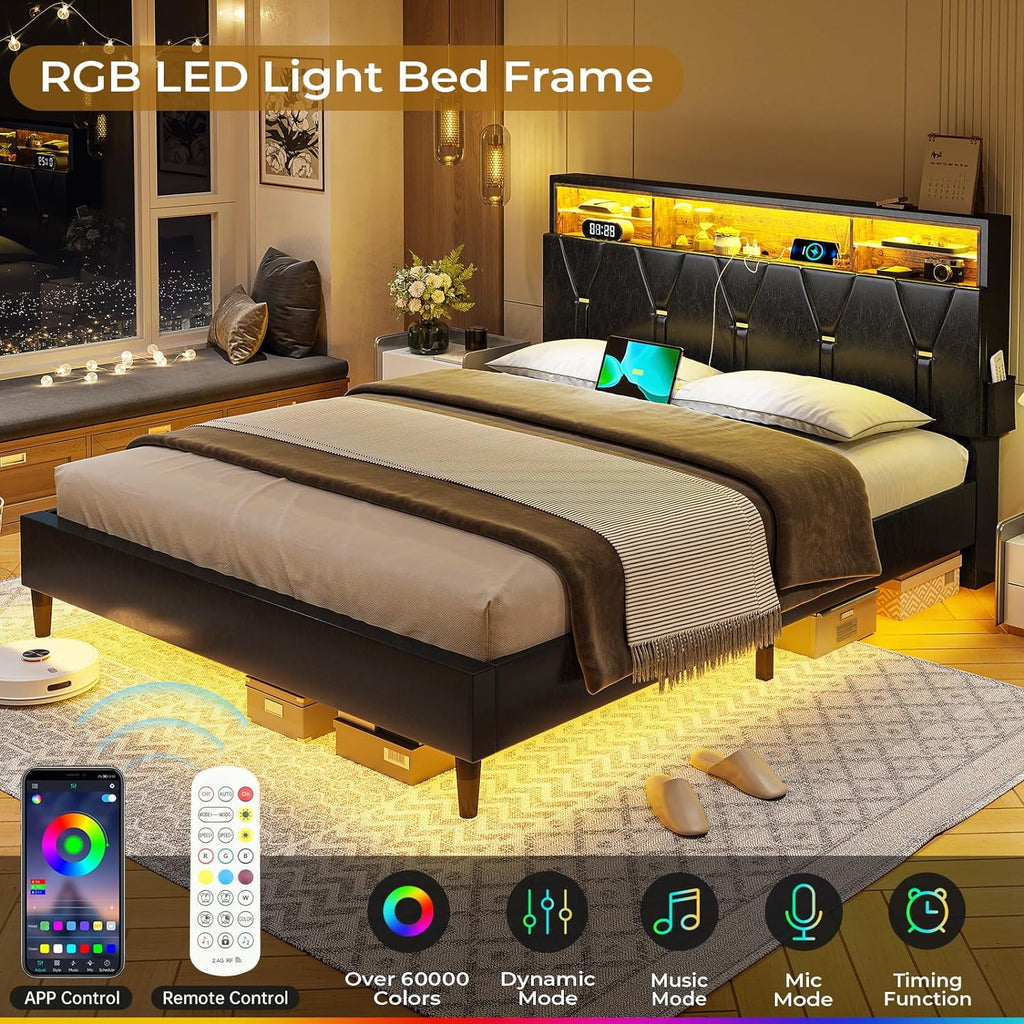 Black Full Size LED Bed Frame with Upholstered Storage Headboard O181952