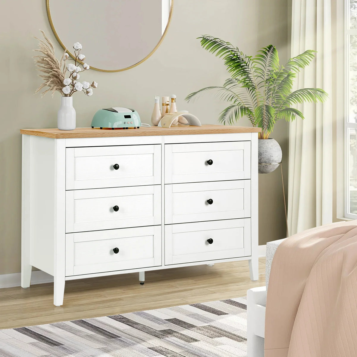 White 6 Drawer Wood Dresser with Metal Knobs E2913
