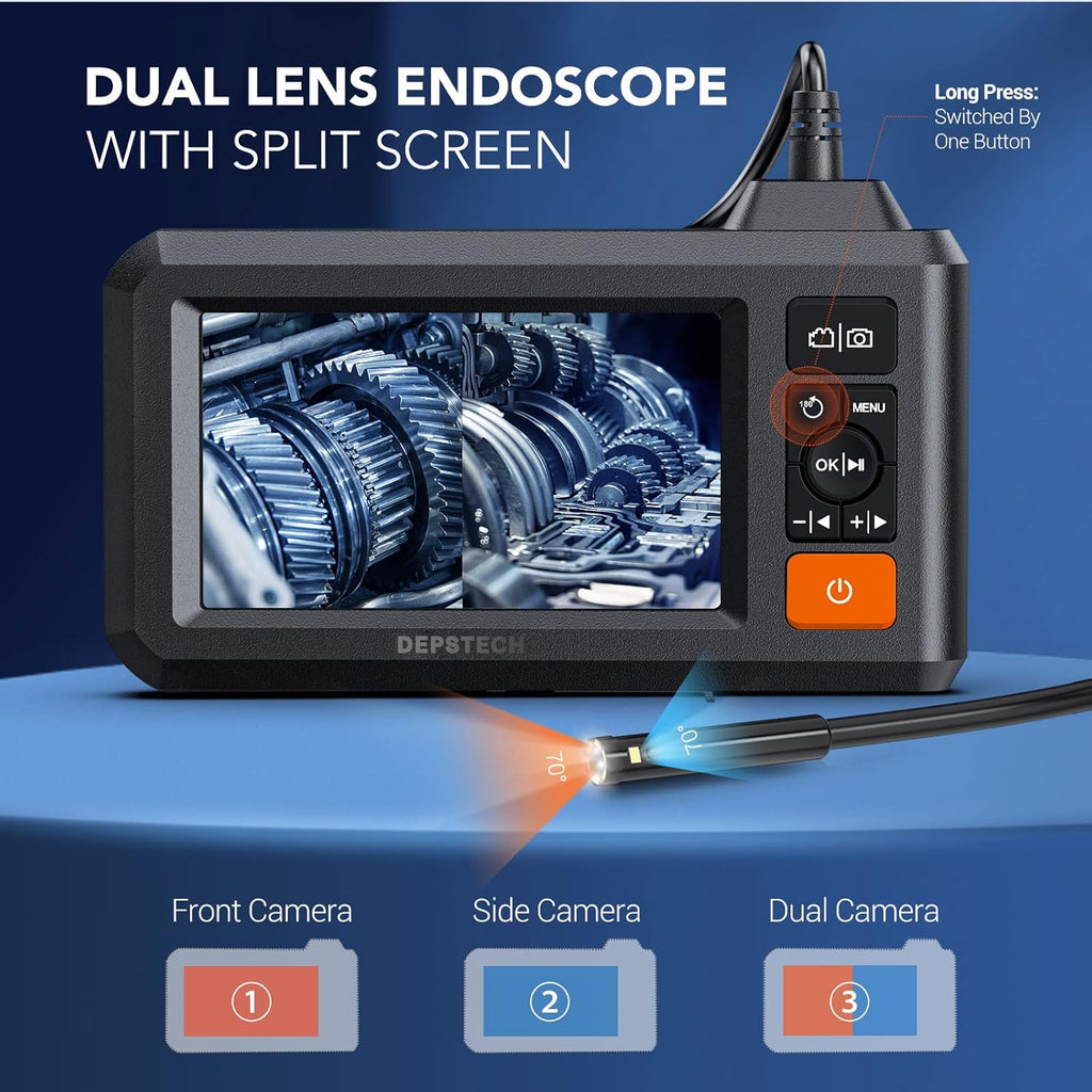 Dual Lens Endoscope with 50FT Semi-Rigid Cable, 1080P Borescope Inspection Camera, 7.9mm, IP67 Waterproof, 7 LED Lights H4154