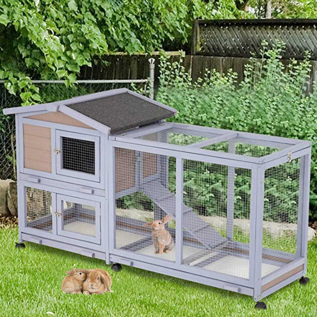 Wood Rabbit Hutch with Wheels & Waterproof Roof Q36582