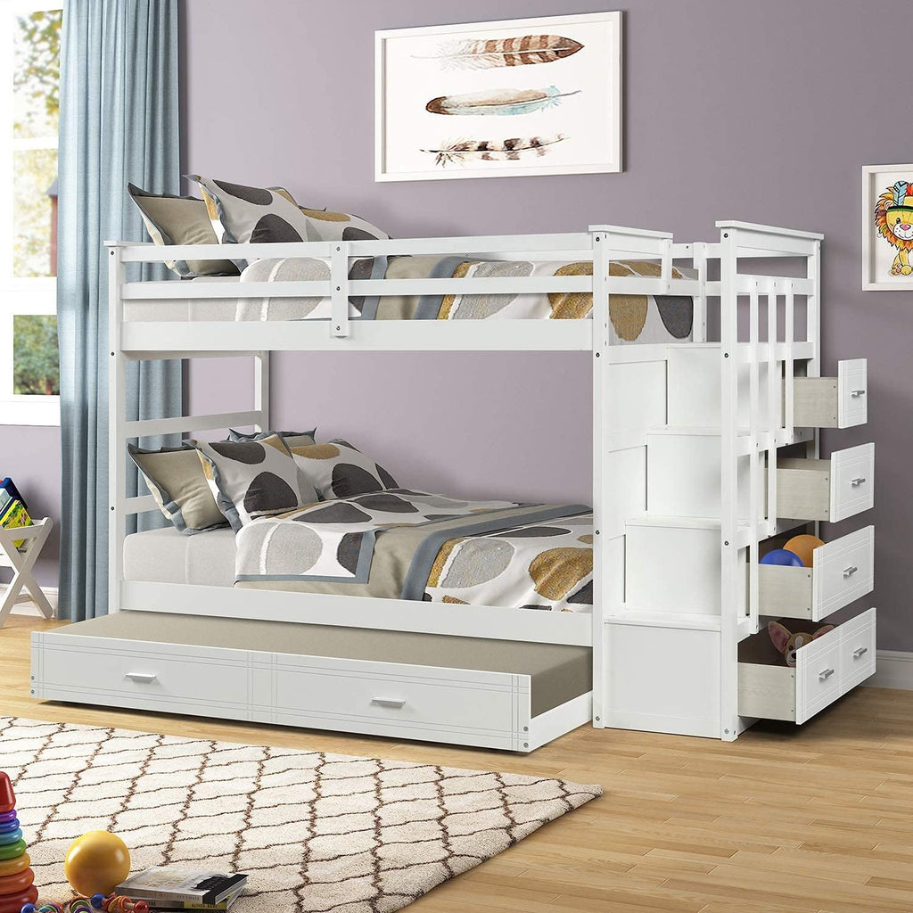 Twin Over Twin Wood Bunk Bed with Trundle and Staircase E20878