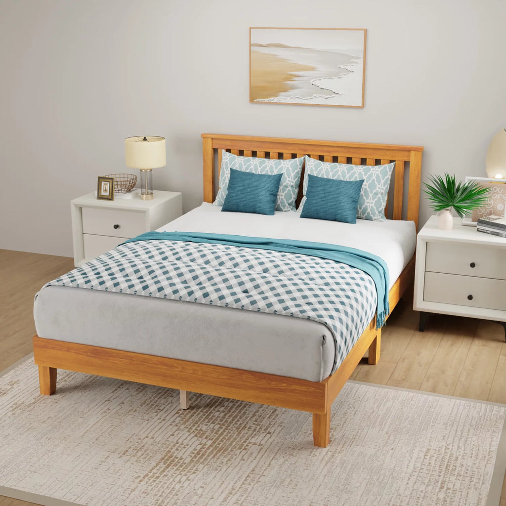 Queen Size Bed Frame with Headboard Wood Slats K5159