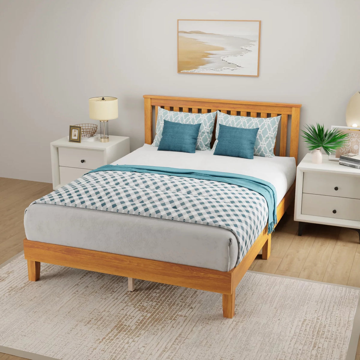 Queen Size Bed Frame with Headboard Wood Slats K5159