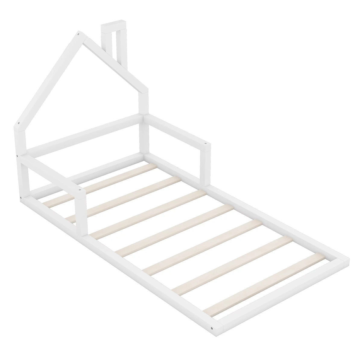 White Twin Size Wood Floor Bed with House-shaped Headboard P1307