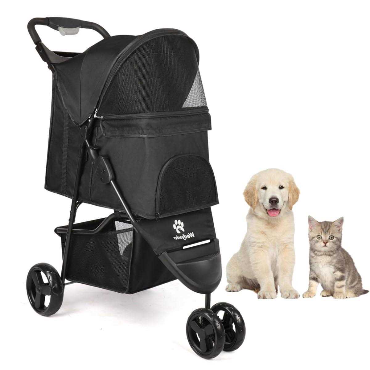 3 Wheels Foldable Pet Stroller with Brake, Canopy, Cup Holders and Storage Q1730
