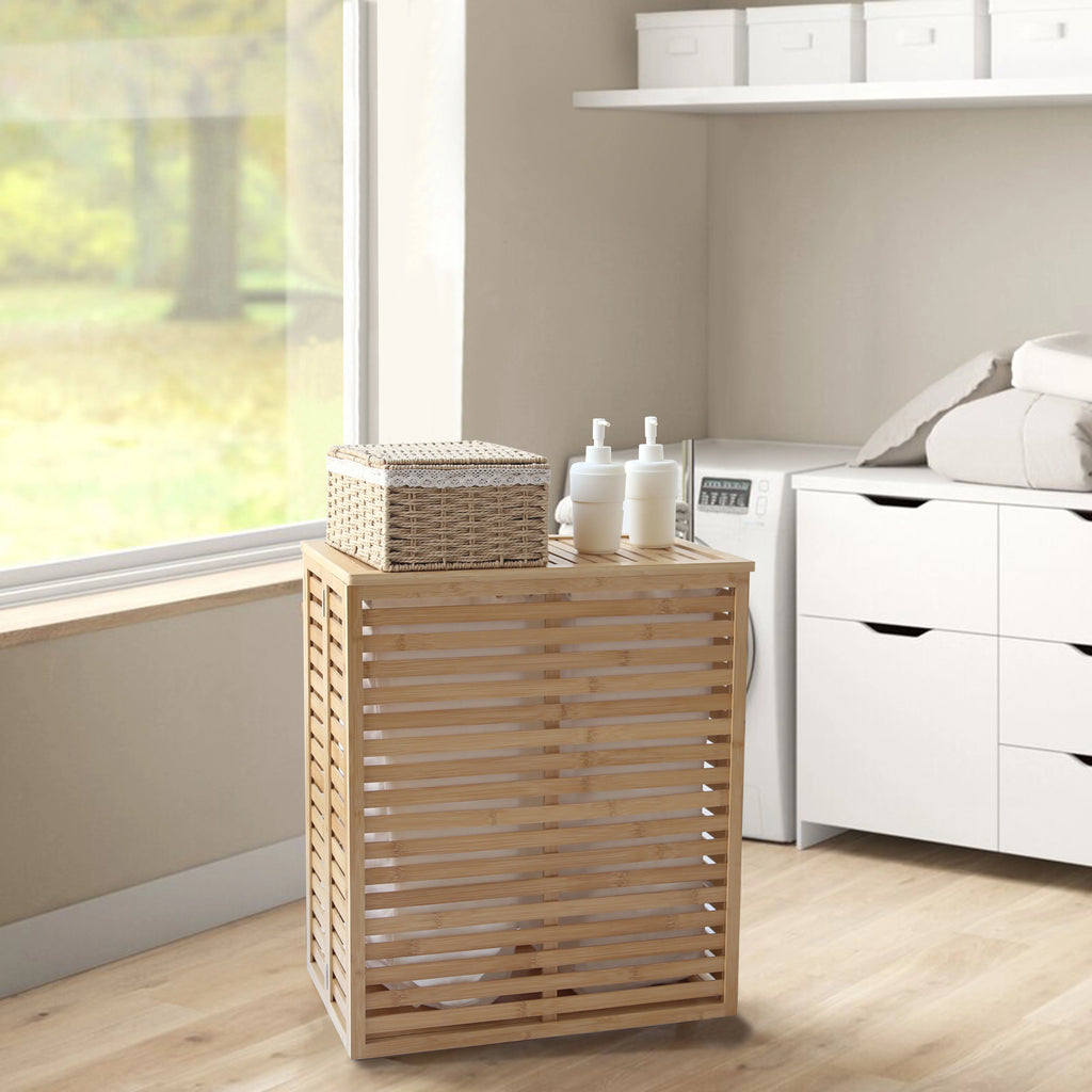 Foldable Bamboo Laundry Hamper with Lid and Liner Bag I7502