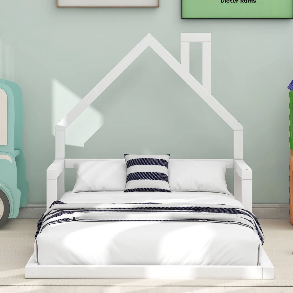 White Twin Size Wood Floor Bed with House-shaped Headboard P1307