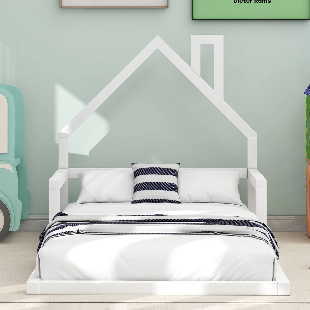 White Twin Size Wood Floor Bed with House-shaped Headboard P1307