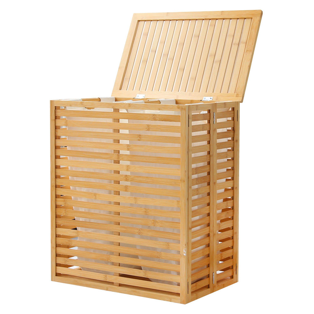Foldable Bamboo Laundry Hamper with Lid and Liner Bag I7502