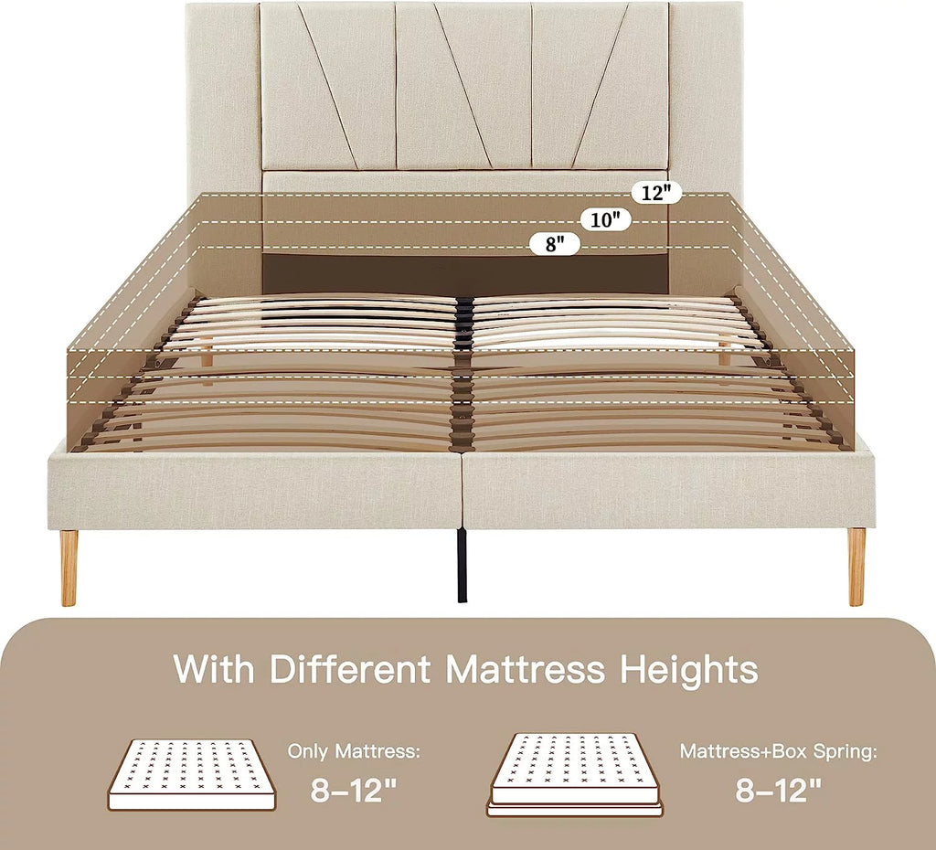 King Size Beige Fabric Upholstered Platform Bed Frame O42538