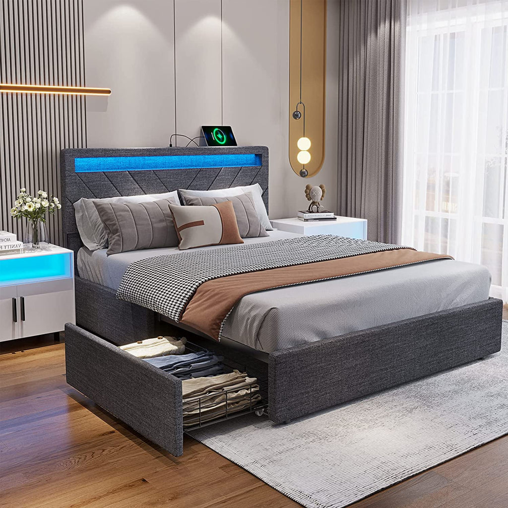 Queen Bed Frame with LED Lights Headboard, 4 Drawers, 2 USB Charging Station, Dark Gray B171