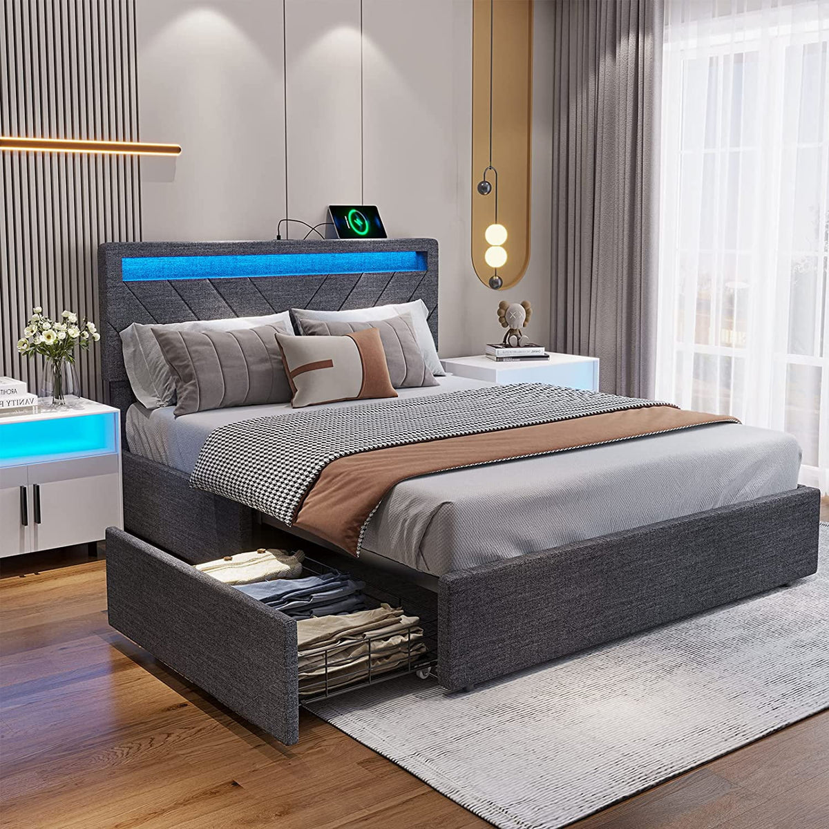 Queen Bed Frame with LED Lights Headboard, 4 Drawers, 2 USB Charging Station, Dark Gray B171