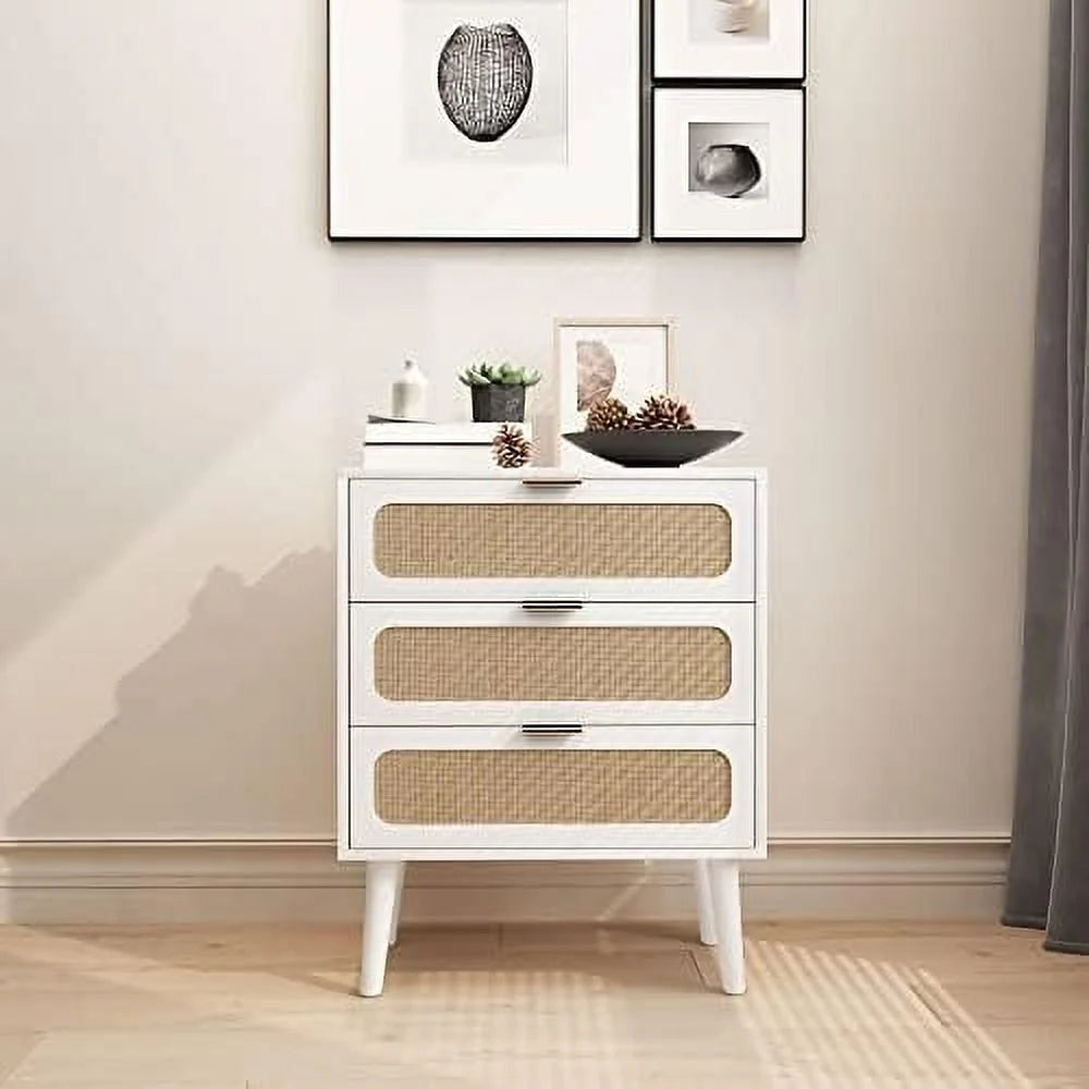 White 3 Drawer Wood Rattan Nightstand Dresser L465597
