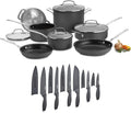 11-Piece Nonstick Hard-Anodized Cookware Set and 12 Piece Ceramic Coated Cutlery Set Matte Black I6166