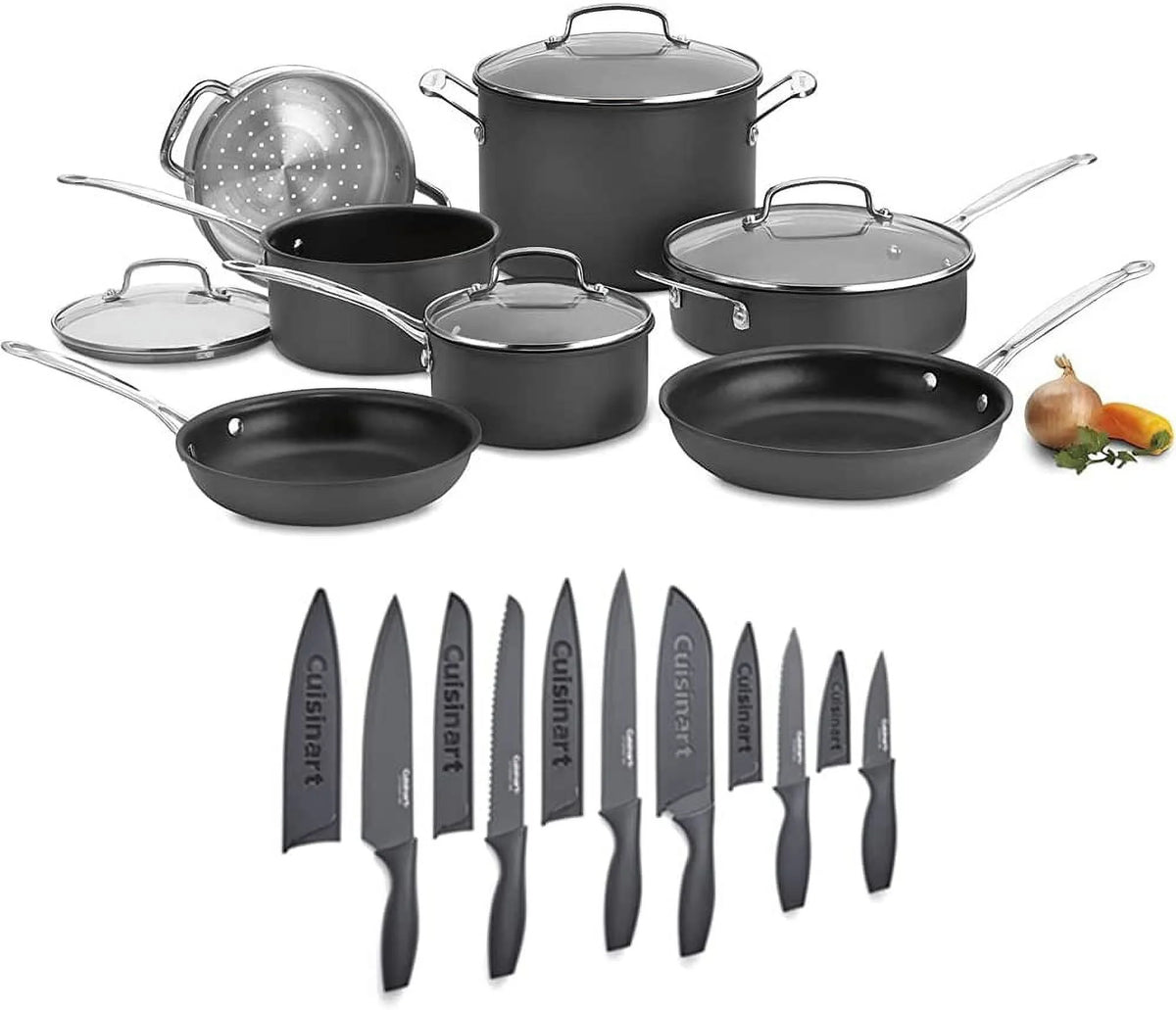 11-Piece Nonstick Hard-Anodized Cookware Set and 12 Piece Ceramic Coated Cutlery Set Matte Black I6166