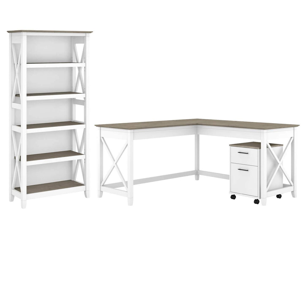 Gray L Shaped Desk with File Cabinet and Bookcase O9734