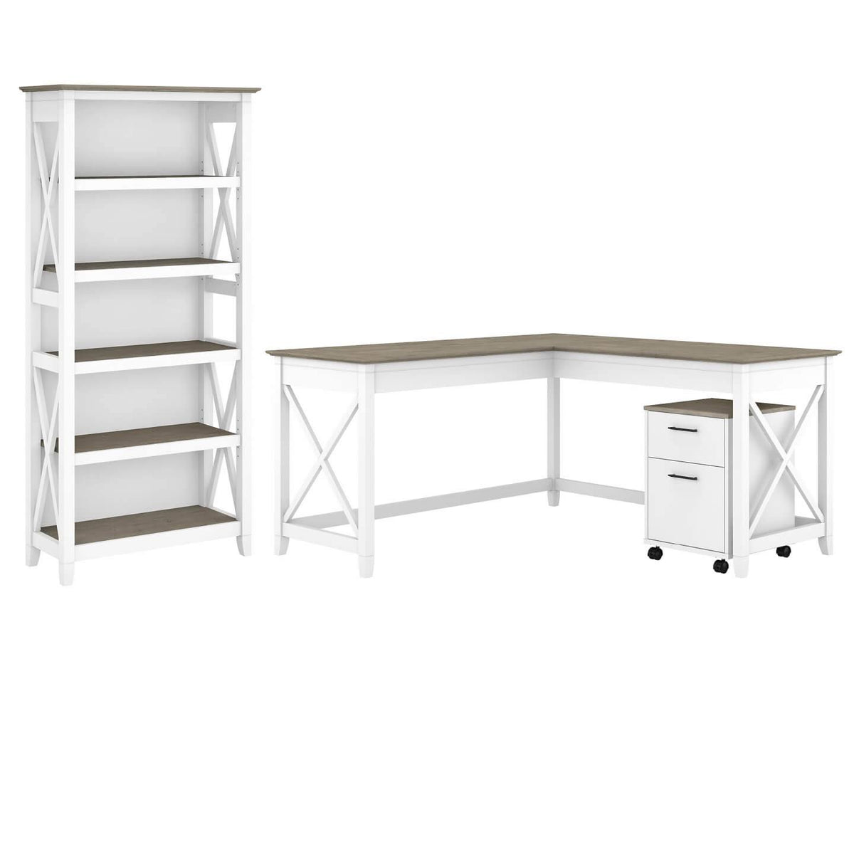 Gray L Shaped Desk with File Cabinet and Bookcase O9734