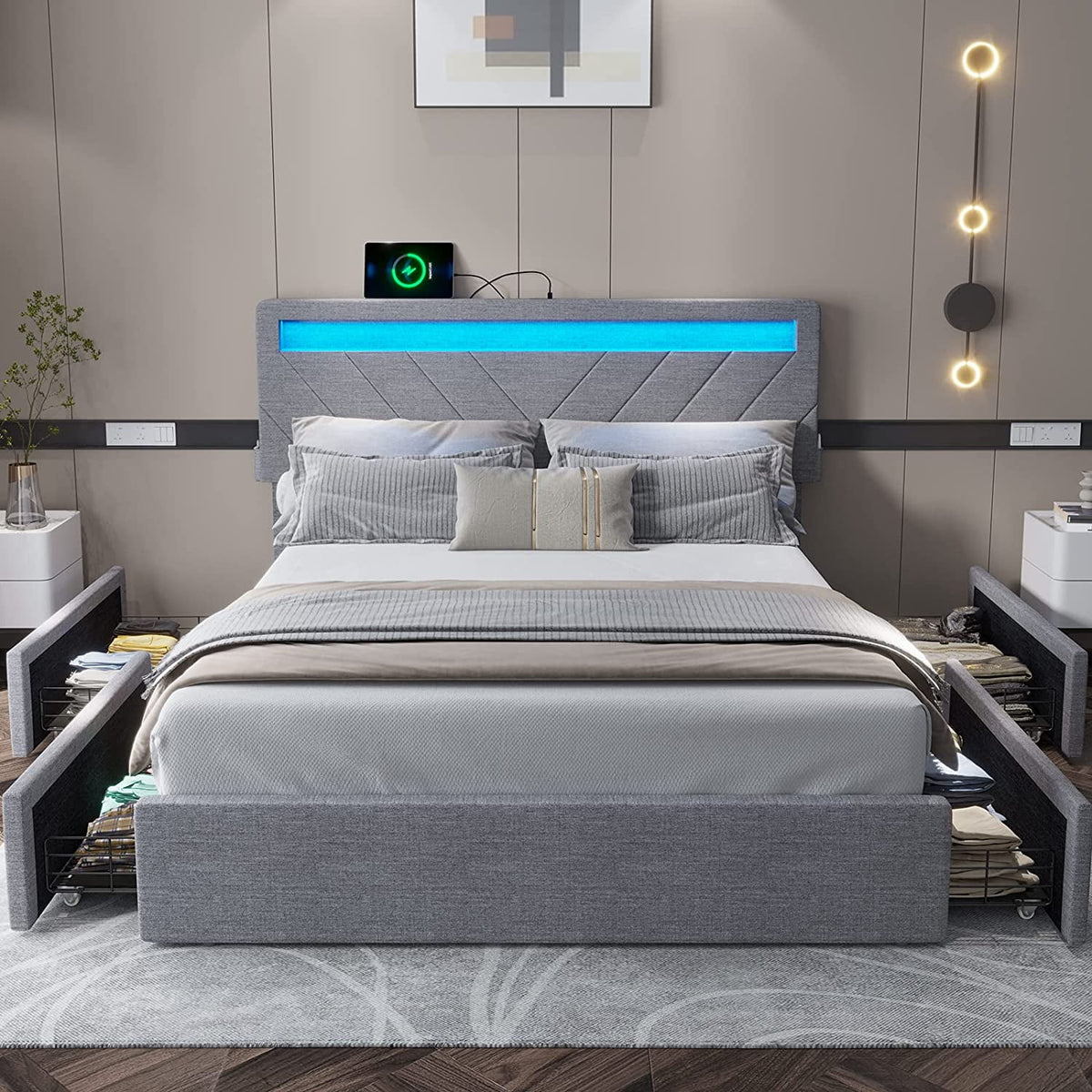 Queen Bed Frame with LED Lights Headboard, 4 Drawers, 2 USB Charging Station, Dark Gray B171