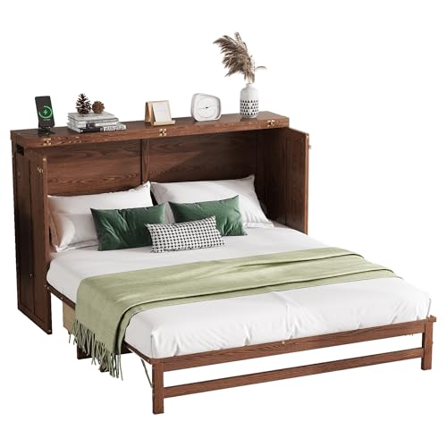Solid Pine Queen Size Murphy Cabinet Wall Bed with Storage Drawers T355