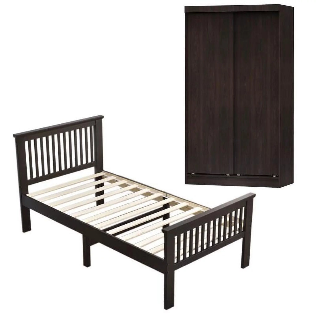 2-Piece Set with Double Sliding Door Wardrobe & Twin Bed O1053