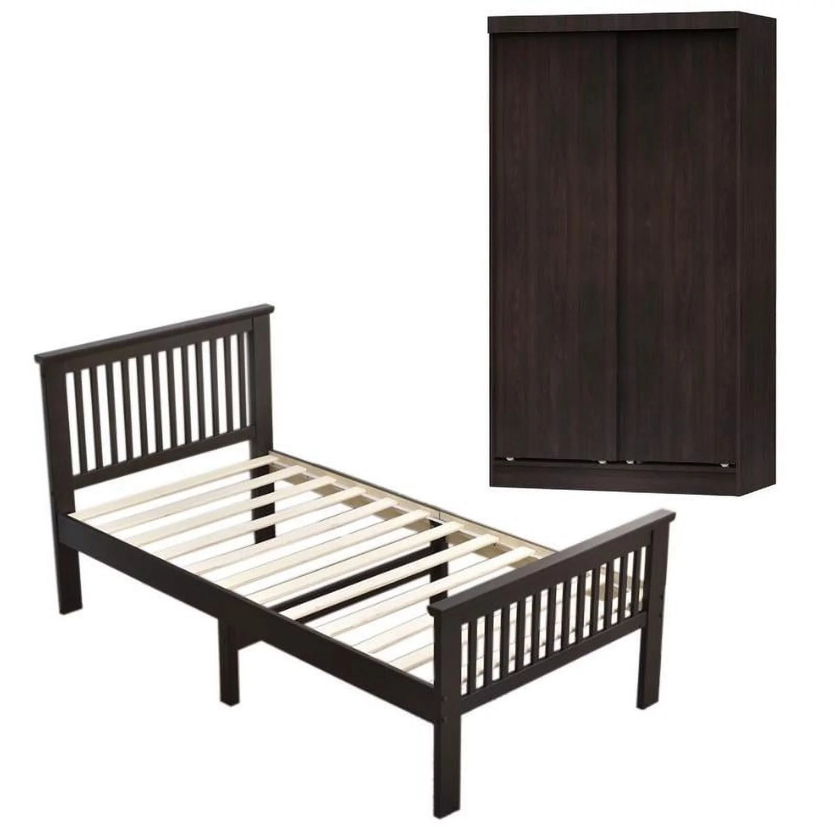 2-Piece Set with Double Sliding Door Wardrobe & Twin Bed O1053