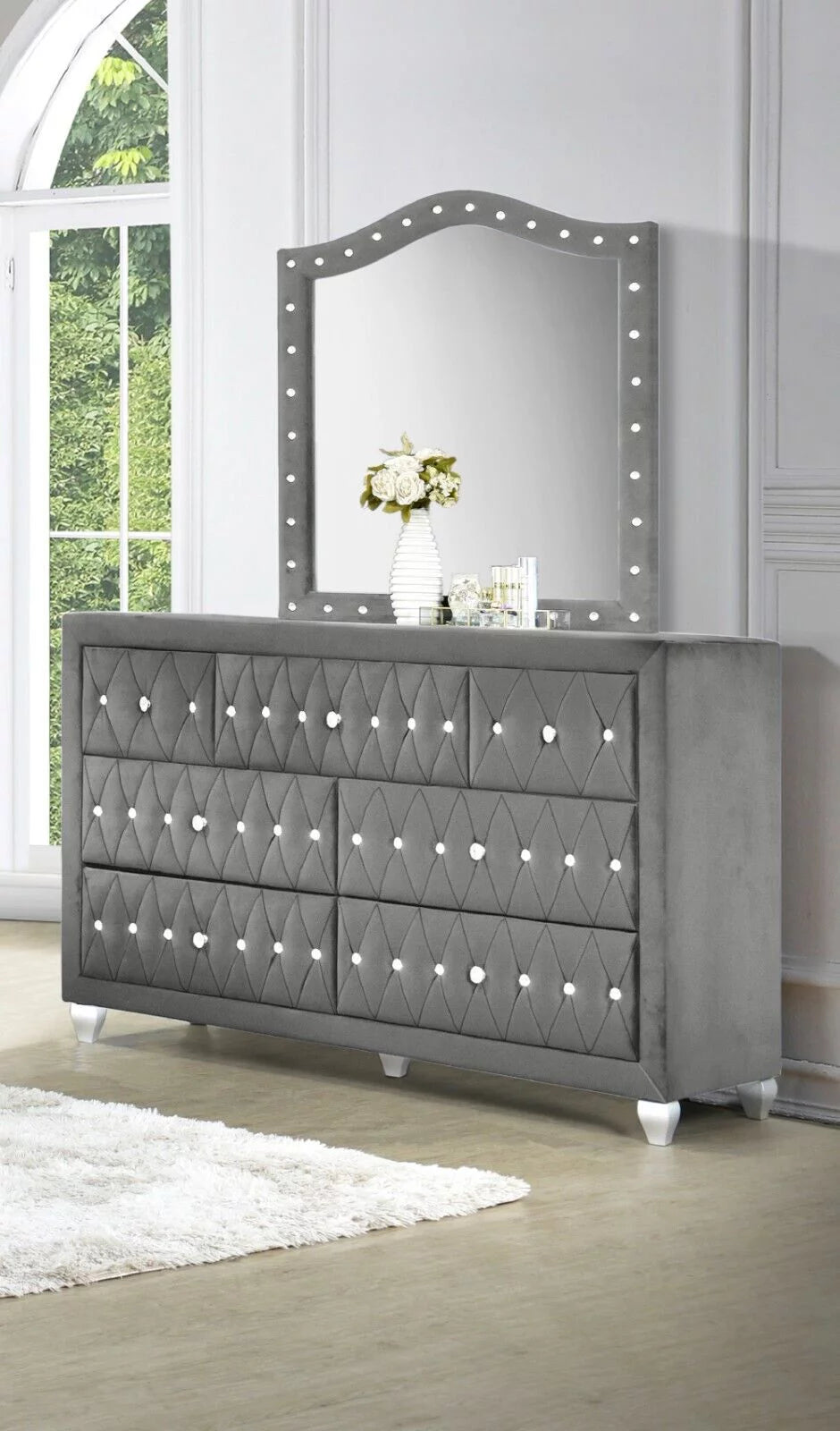 Gray Velvet Queen Size 6Pc Bedroom Furniture Set A426