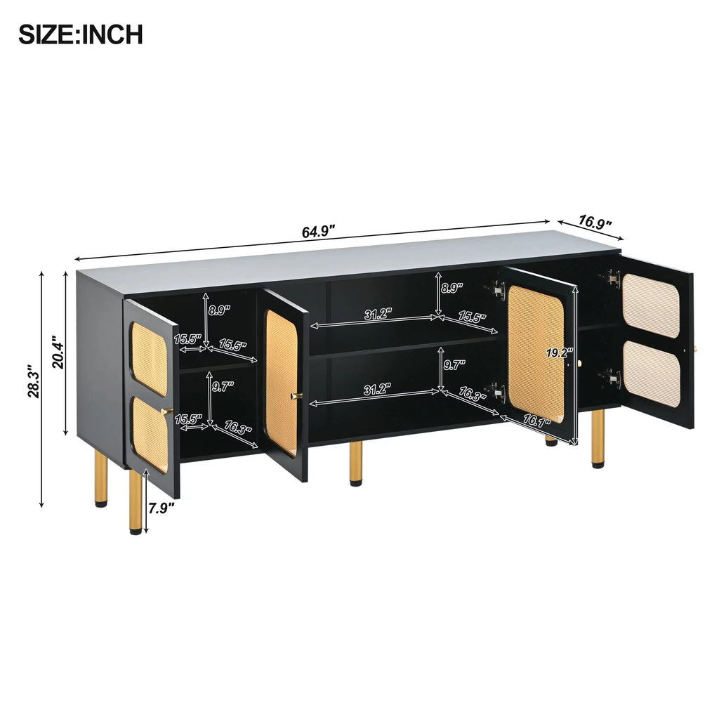 Boho Rattan TV Stand with Gold Metal Base I18773