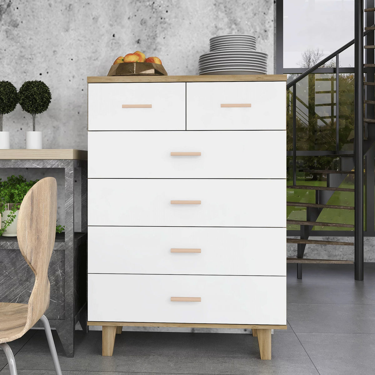 Tall White and Brown Wood Dresser D2284