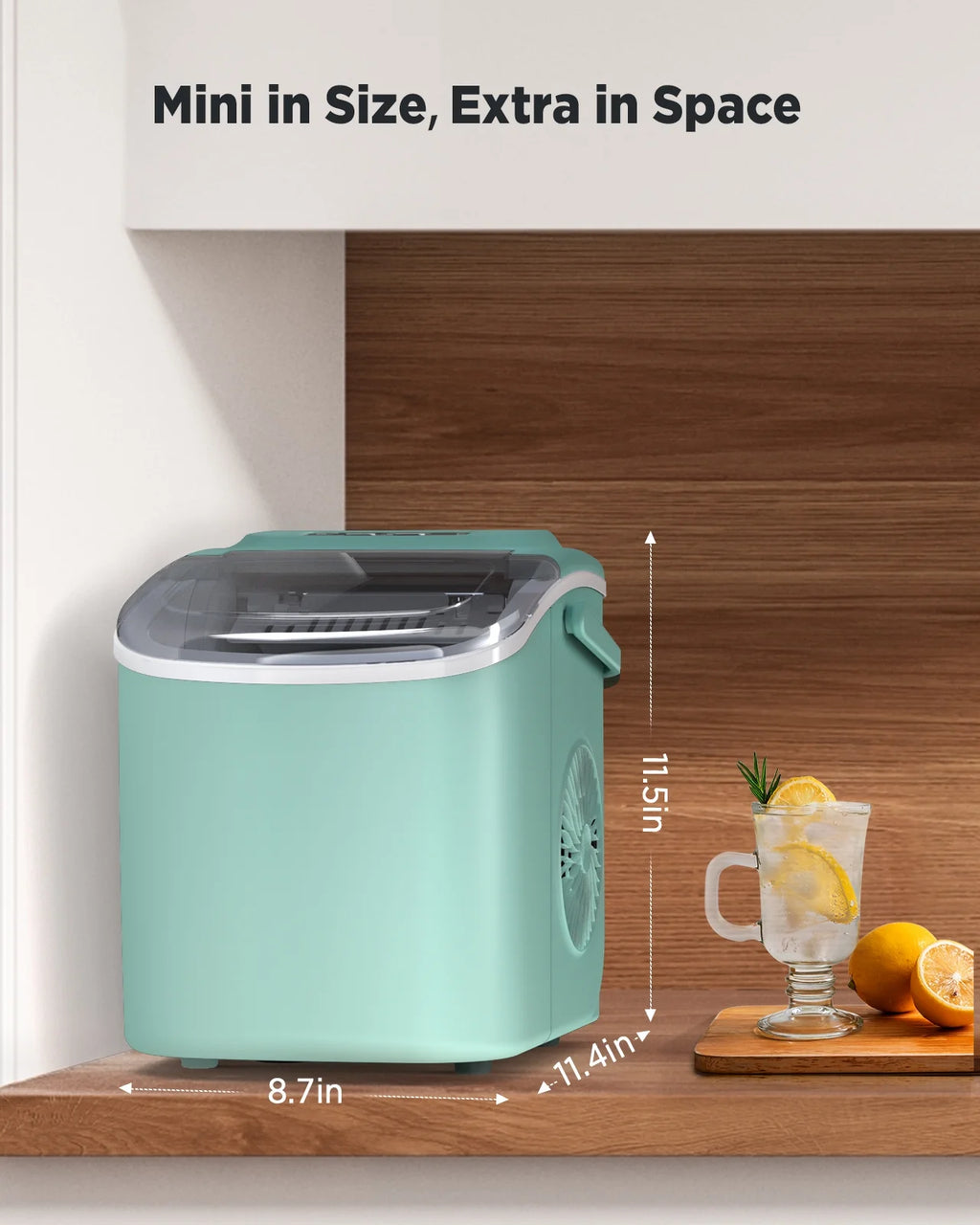 Countertop Ice Maker with Handle, 9 Cubes/6 Mins, 26lbs/24Hrs, Self-Cleaning, Ice Scoop and Basket, 2 Sizes of Bullet Ice, Green C924