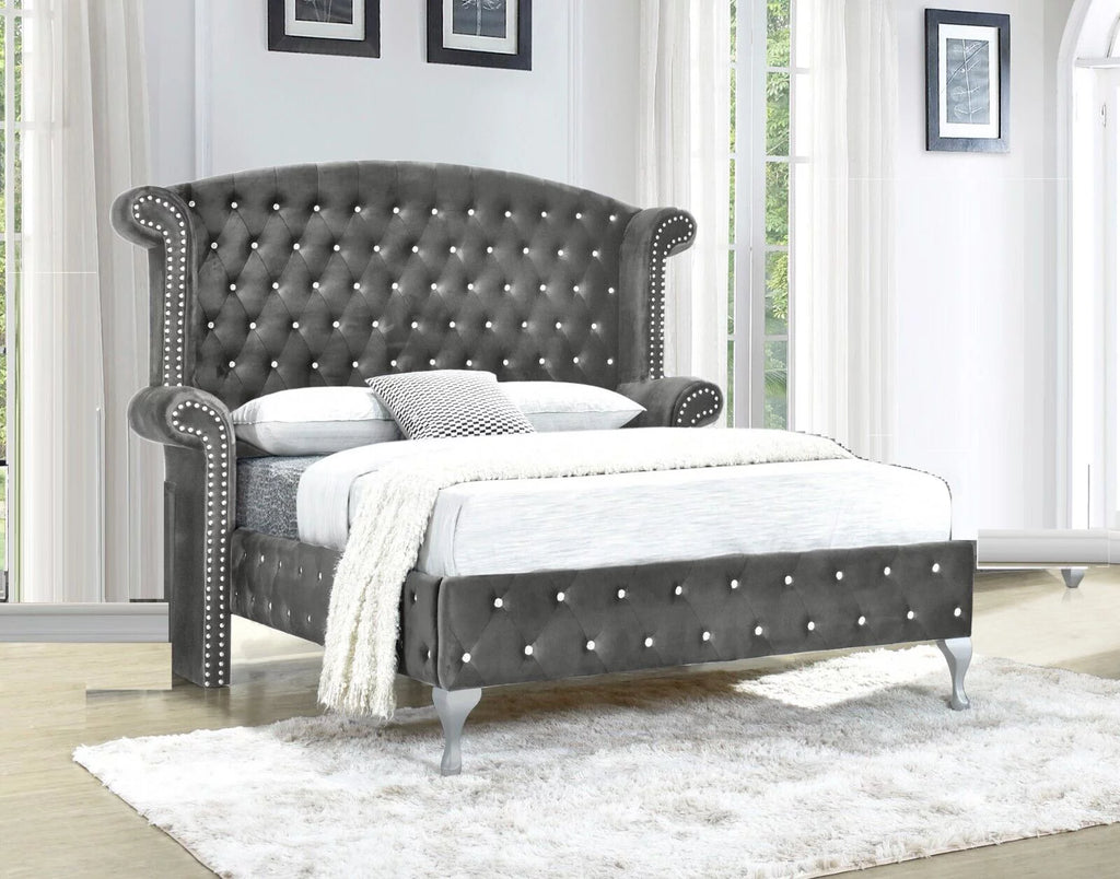 Gray Velvet Queen Size 6Pc Bedroom Furniture Set A426