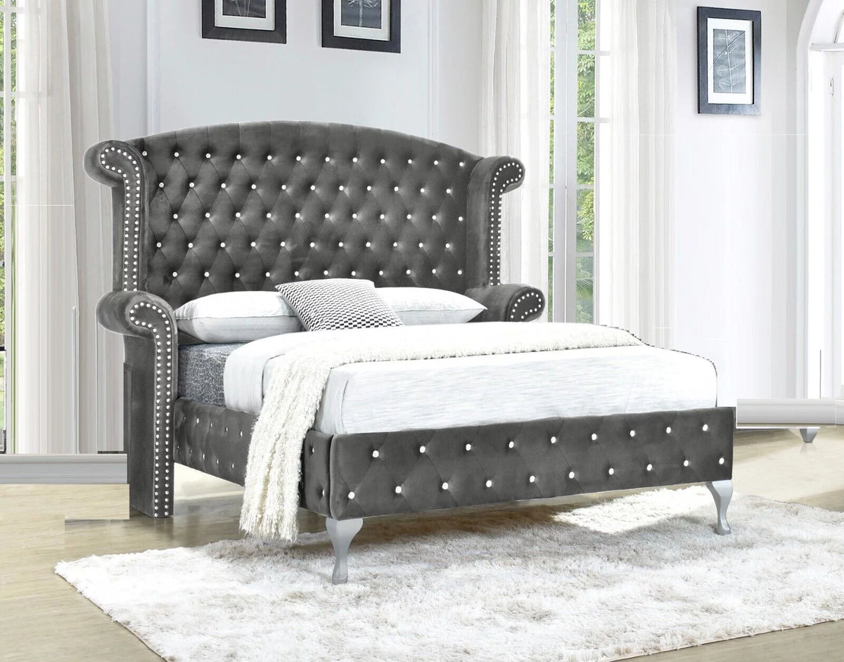 Gray Velvet Queen Size 6Pc Bedroom Furniture Set A426