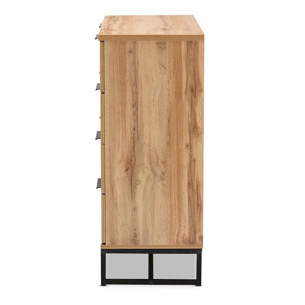 Oak Finished Wood Black Metal 4-Drawer Dresser J21843