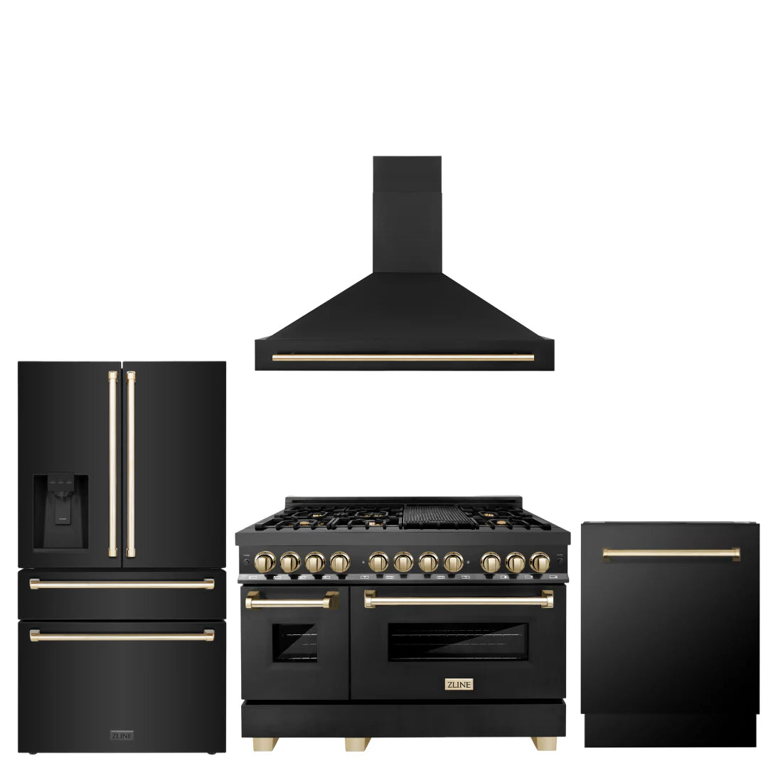 48 Dual Fuel Range, Range Hood, Refrigerator, Dishwasher in Black Stainless K9407