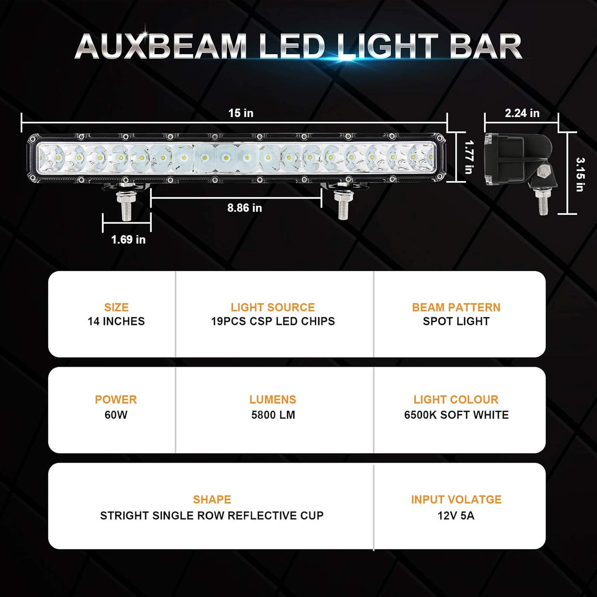 14 Inch 60W Single Row LED Light Bar Pack of 2 E980