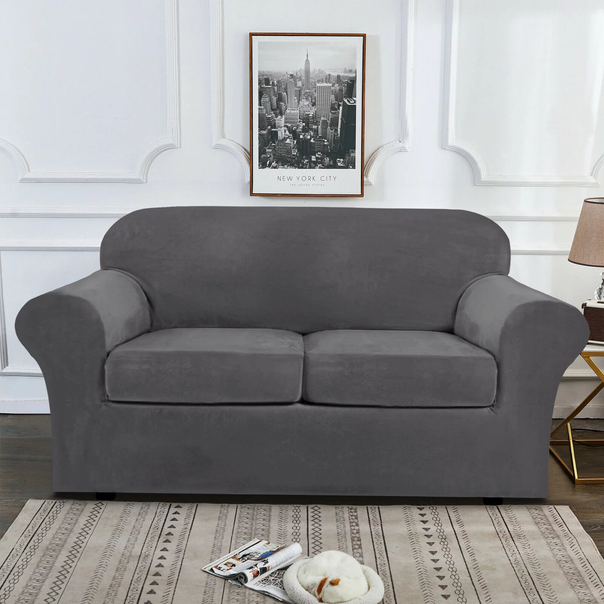 Velvet 3 Piece Stretch Sofa Covers Loveseat Covers Gray D54638
