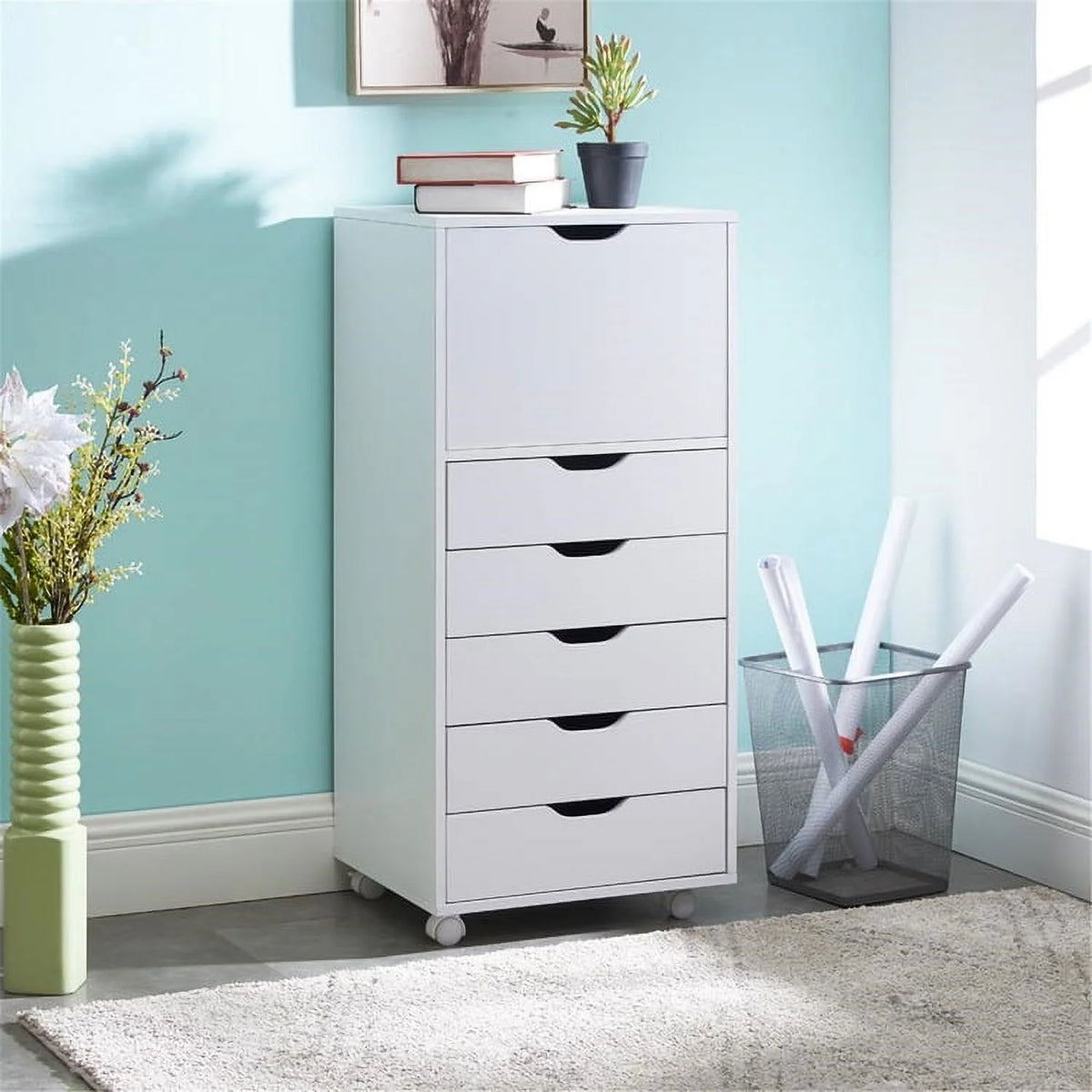 White 5 Drawer File Cabinet with Shelf I826240