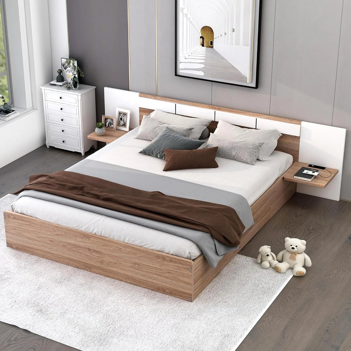 Queen Size Wood Platform Bed with Headboard and Storage D11860
