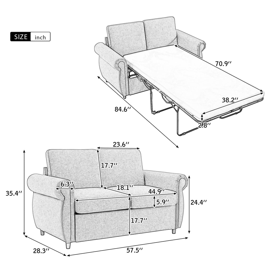 57.5" Gray Pull Out Sofa Bed with Twin Size Memory Mattress A19612