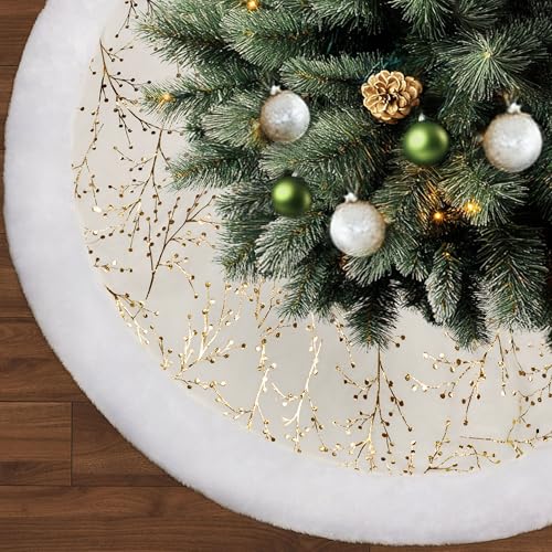 48 Inch White and Gold Faux Fur Plush Velvet Christmas Tree Skirt X4279