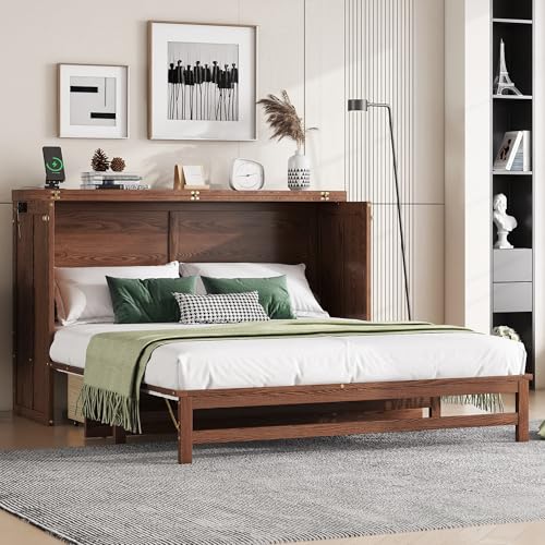 Solid Pine Queen Size Murphy Cabinet Wall Bed with Storage Drawers T355