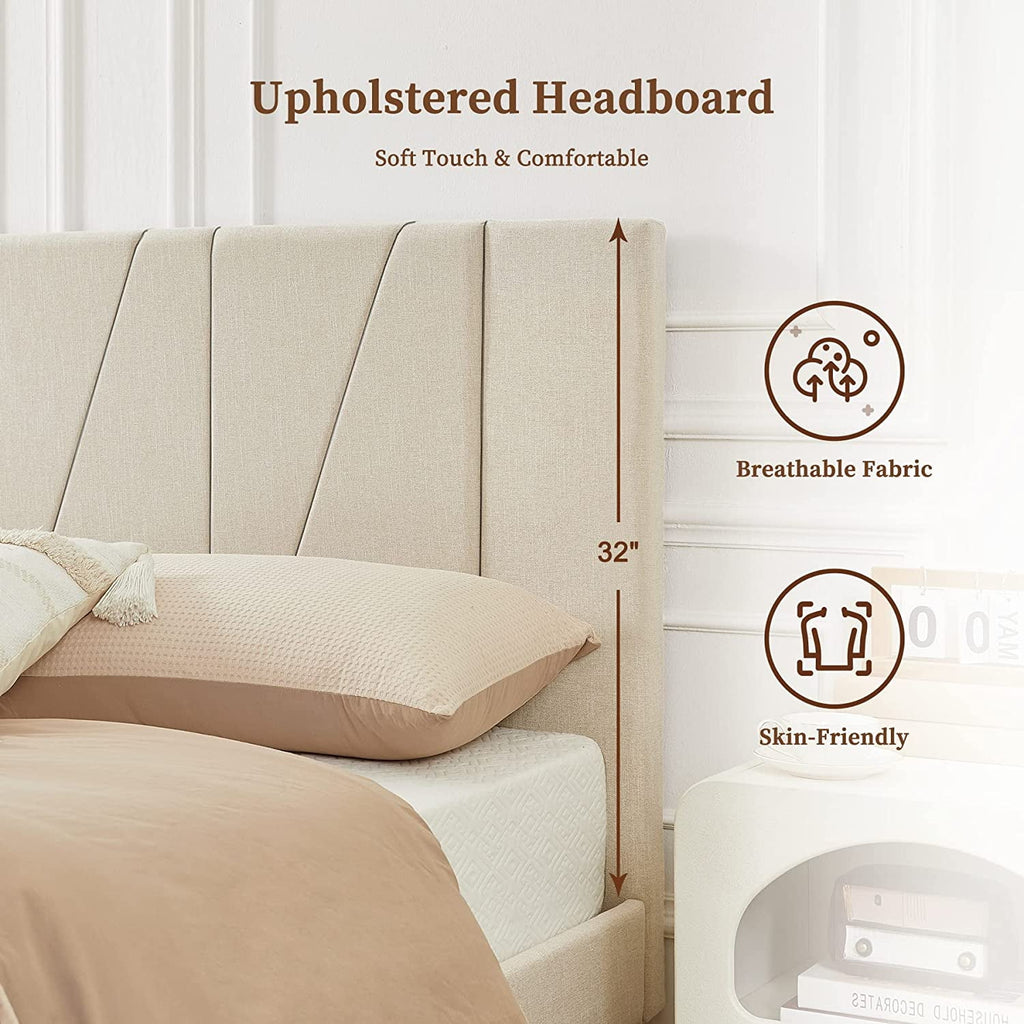 King Size Beige Fabric Upholstered Platform Bed Frame O42538
