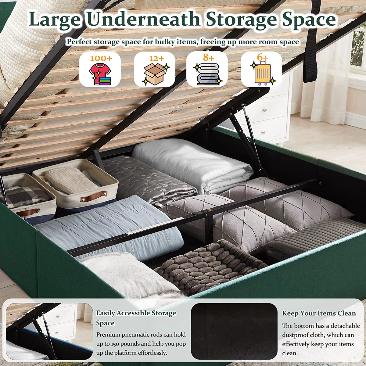 Queen Size Green Linen Upholstered Storage Bed X964774