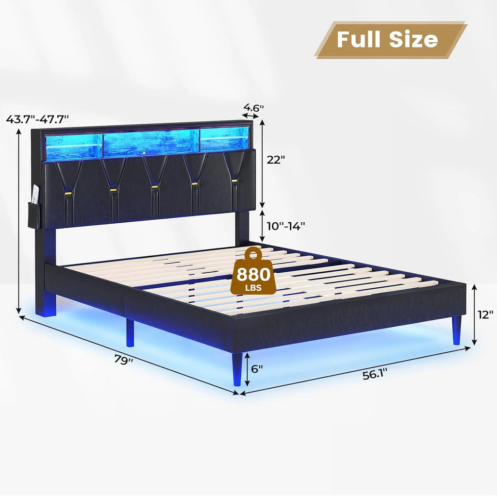 Black Full Size LED Bed Frame with Upholstered Storage Headboard O181952