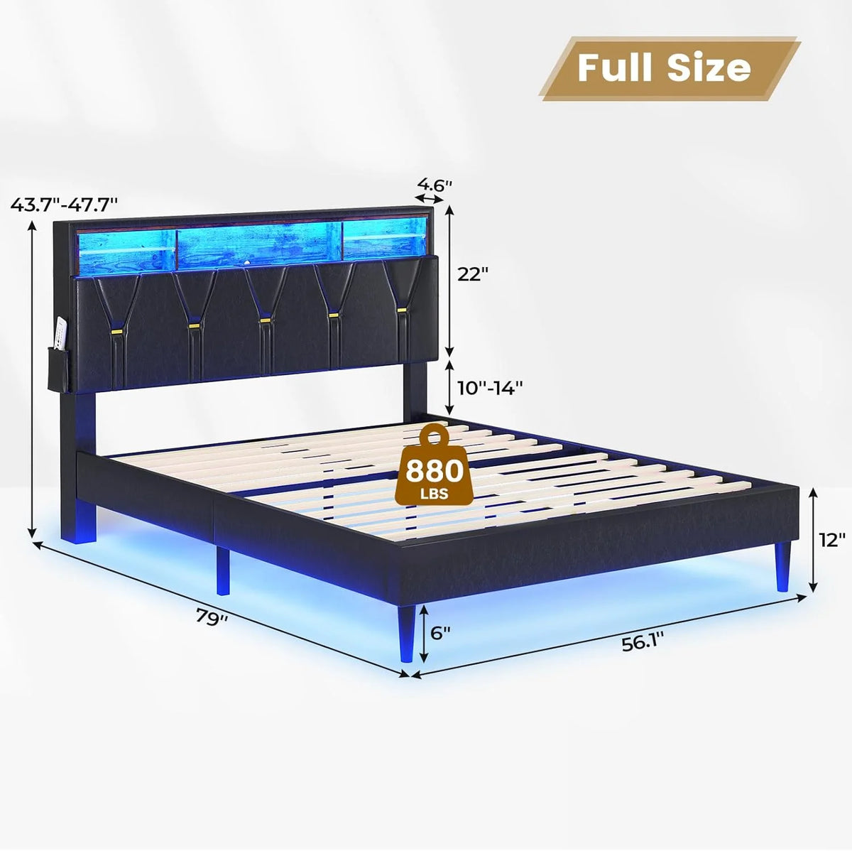 Black Full Size LED Bed Frame with Upholstered Storage Headboard O181952