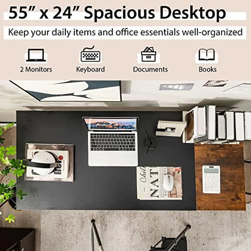 55” Computer Desk with 2-Tier Shelves Black U876