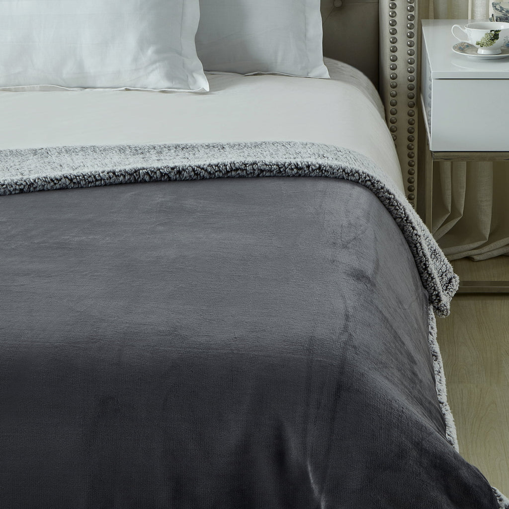 Flannel Reversible Sherpa Throw Blanket 90"x 90" Dark Grey Q250020