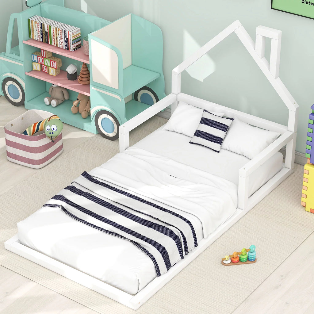 White Twin Size Wood Floor Bed with House-shaped Headboard P1307