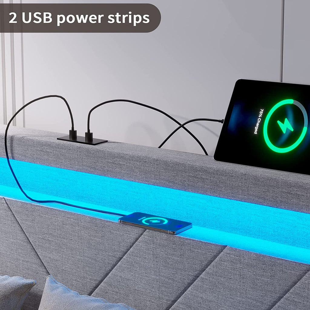 Queen Bed Frame with LED Lights Headboard, 4 Drawers, 2 USB Charging Station, Dark Gray B171