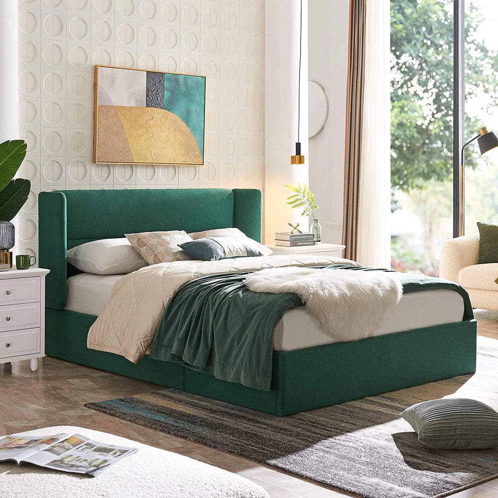 Queen Size Green Linen Upholstered Storage Bed X964774