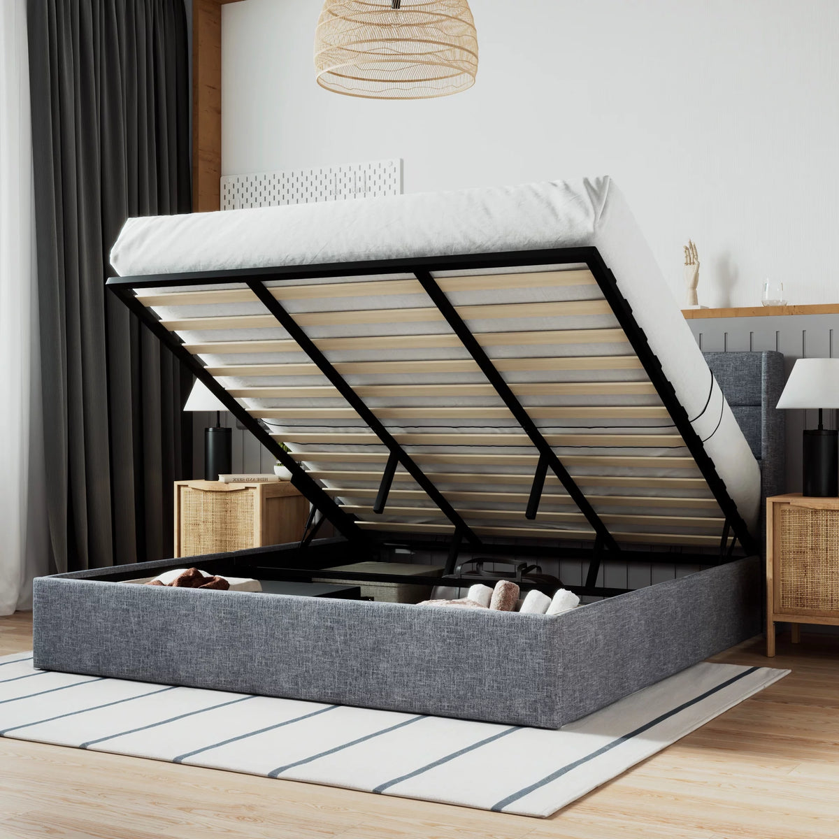 Beige Queen Size Lift Up Platform Bed Frame with Headboard B4458